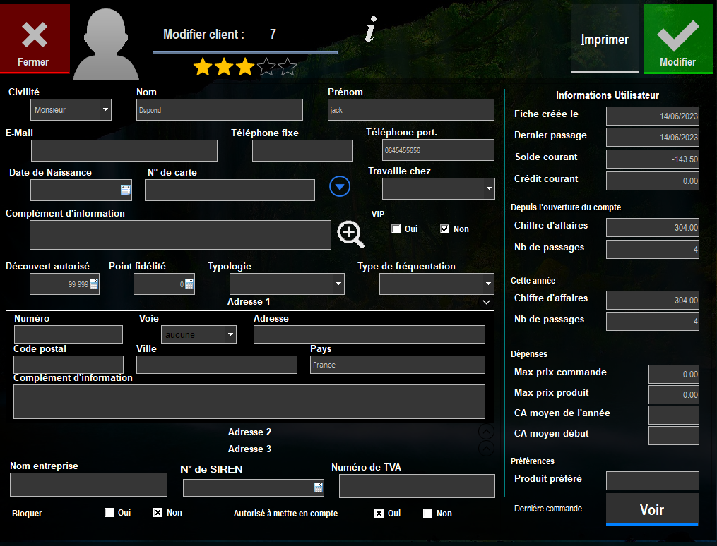Fiche client apr&egrave;s modifications