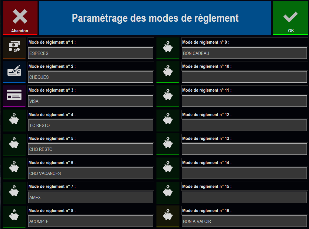Param&eacute;trage des modes de r&egrave;glement