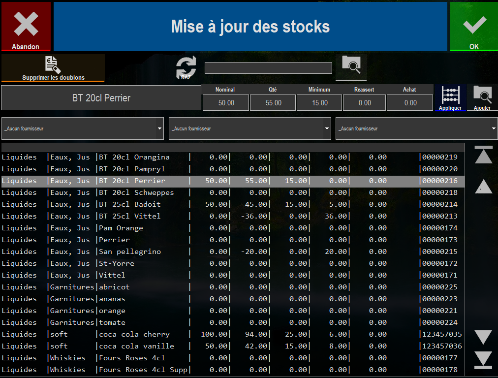 &eacute;cran de la mise &agrave; jour des stocks